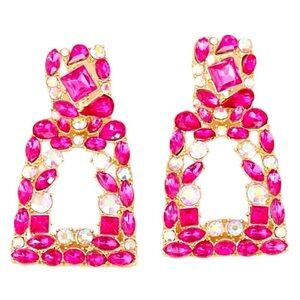 Pink Earrings Geometric Square Crystal Drop Rhinestone Dangle Earrings